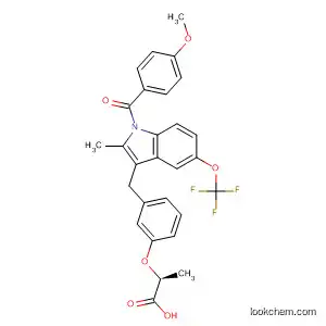 Molecular Structure of 393794-17-7 (Propanoic acid,
2-[3-[[1-(4-methoxybenzoyl)-2-methyl-5-(trifluoromethoxy)-1H-indol-3-yl]
methyl]phenoxy]-, (2S)-)