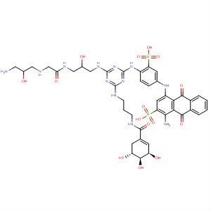 Molecular Structure of 499969-67-4 (2-Anthracenesulfonic acid,
1-amino-4-[[4-[[4-[[3-[[[(3-amino-2-hydroxypropyl)amino]acetyl]amino]-2
-hydroxypropyl]amino]-6-[[3-[[[(3R,4S,5R)-3,4,5-trihydroxy-1-cyclohexen
-1-yl]carbonyl]amino]propyl]amino]-1,3,5-triazin-2-yl]amino]-3-sulfophen
yl]amino]-9,10-dihydro-9,10-dioxo-)
