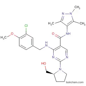 Molecular Structure of 330785-79-0 (5-Pyrimidinecarboxamide,
4-[[(3-chloro-4-methoxyphenyl)methyl]amino]-2-[(2S)-2-(hydroxymethyl)-
1-pyrrolidinyl]-N-(1,3,5-trimethyl-1H-pyrazol-4-yl)-)