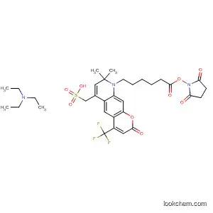 Molecular Structure of 467233-94-9 (2H-Pyrano[3,2-g]quinoline-6-methanesulfonic acid,
9-[6-[(2,5-dioxo-1-pyrrolidinyl)oxy]-6-oxohexyl]-8,9-dihydro-8,8-dimethyl-
2-oxo-4-(trifluoromethyl)-, compd. with N,N-diethylethanamine (1:1))