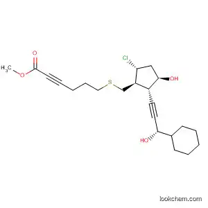 Molecular Structure of 647028-52-2 (2-Hexynoic acid,
6-[[[(1S,2S,3R,5R)-5-chloro-2-[(3S)-3-cyclohexyl-3-hydroxy-1-propynyl]-
3-hydroxycyclopentyl]methyl]thio]-, methyl ester)