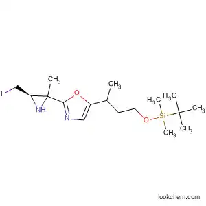 Molecular Structure of 647028-99-7 (Oxazole,
5-[3-[[(1,1-dimethylethyl)dimethylsilyl]oxy]-1-methylpropyl]-2-[(2S,3R)-3-(
iodomethyl)-1-methyl-2-aziridinyl]-)