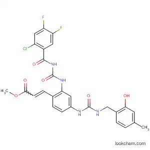 Molecular Structure of 648926-72-1 (2-Propenoic acid,
3-[2-[[[(2-chloro-4,5-difluorobenzoyl)amino]carbonyl]amino]-4-[[[[(4-meth
oxyphenyl)methyl]amino]carbonyl]amino]phenyl]-, methyl ester)