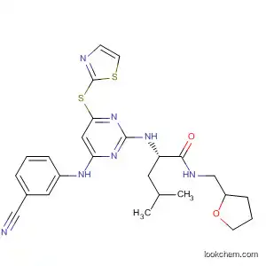 Molecular Structure of 825647-25-4 (Pentanamide,
2-[[4-[(3-cyanophenyl)amino]-6-(2-thiazolylthio)-2-pyrimidinyl]amino]-4-
methyl-N-[(tetrahydro-2-furanyl)methyl]-, (2S)-)