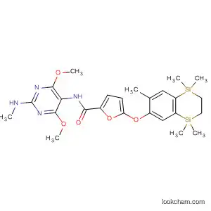 Molecular Structure of 827337-92-8 (2-Furancarboxamide,
N-[4,6-dimethoxy-2-(methylamino)-5-pyrimidinyl]-5-[(1,2,3,4-tetrahydro-
1,1,4,4,7-pentamethyl-1,4-disilanaphthalen-6-yl)oxy]-)