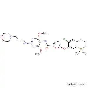 Molecular Structure of 827338-57-8 (2-Furancarboxamide,
5-[(6-chloro-1,2,3,4-tetrahydro-1,1-dimethyl-1-silanaphthalen-7-yl)oxy]-
N-[4,6-dimethoxy-2-[[3-(4-morpholinyl)propyl]amino]-5-pyrimidinyl]-)