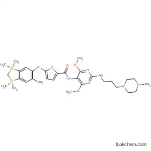 Molecular Structure of 827338-76-1 (2-Furancarboxamide,
5-[(2,3-dihydro-1,1,3,3,6-pentamethyl-1H-1,3-disilainden-5-yl)oxy]-N-[4,
6-dimethoxy-2-[[3-(4-methyl-1-piperazinyl)propyl]amino]-5-pyrimidinyl]-)