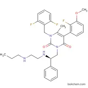 Molecular Structure of 830346-07-1 (2,4(1H,3H)-Pyrimidinedione,
1-[(2,6-difluorophenyl)methyl]-5-(2-fluoro-3-methoxyphenyl)-6-methyl-3-[(
2R)-2-phenyl-2-[[2-(propylamino)ethyl]amino]ethyl]-)