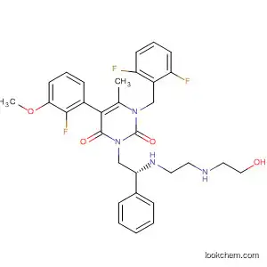 Molecular Structure of 830346-11-7 (2,4(1H,3H)-Pyrimidinedione,
1-[(2,6-difluorophenyl)methyl]-5-(2-fluoro-3-methoxyphenyl)-3-[(2R)-2-[[2
-[(2-hydroxyethyl)amino]ethyl]amino]-2-phenylethyl]-6-methyl-)