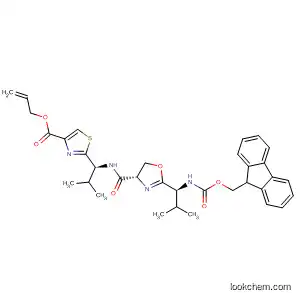 Molecular Structure of 831238-96-1 (4-Thiazolecarboxylic acid,
2-[(1S)-1-[[[(4S)-2-[(1S)-1-[[(9H-fluoren-9-ylmethoxy)carbonyl]amino]-2-
methylpropyl]-4,5-dihydro-4-oxazolyl]carbonyl]amino]-2-methylpropyl]-,
2-propenyl ester)