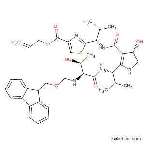 Molecular Structure of 831238-97-2 (4-Thiazolecarboxylic acid,
2-[(1S)-1-[[[(4S)-2-[(1S)-1-[[(2S,3S)-2-[[(9H-fluoren-9-ylmethoxy)carbon
yl]amino]-3-hydroxy-1-oxobutyl]amino]-2-methylpropyl]-4,5-dihydro-4-ox
azolyl]carbonyl]amino]-2-methylpropyl]-, 2-propenyl ester)
