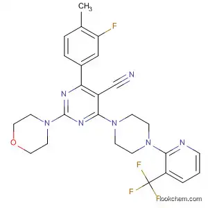 Molecular Structure of 833463-39-1 (5-Pyrimidinecarbonitrile,
4-(3-fluoro-4-methylphenyl)-2-(4-morpholinyl)-6-[4-[3-(trifluoromethyl)-2-
pyridinyl]-1-piperazinyl]-)