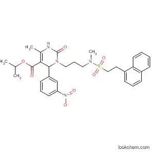 Molecular Structure of 837427-58-4 (5-Pyrimidinecarboxylic acid,
1,2,3,6-tetrahydro-4-methyl-1-[3-[methyl[[2-(1-naphthalenyl)ethyl]sulfonyl]
amino]propyl]-6-(3-nitrophenyl)-2-oxo-, 1-methylethyl ester)