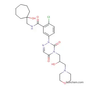 Molecular Structure of 724424-69-5 (Benzamide,
2-chloro-5-[4,5-dihydro-4-[2-hydroxy-3-(4-morpholinyl)propyl]-3,5-dioxo-
1,2,4-triazin-2(3H)-yl]-N-[(1-hydroxycycloheptyl)methyl]-)