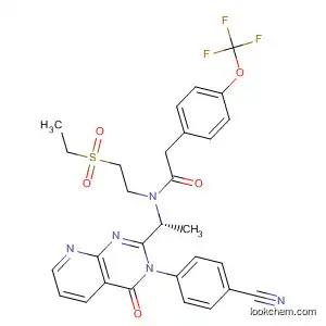 Molecular Structure of 873191-45-8 (Benzeneacetamide,
N-[(1R)-1-[3-(4-cyanophenyl)-3,4-dihydro-4-oxopyrido[2,3-d]pyrimidin-2
-yl]ethyl]-N-[2-(ethylsulfonyl)ethyl]-4-(trifluoromethoxy)-)