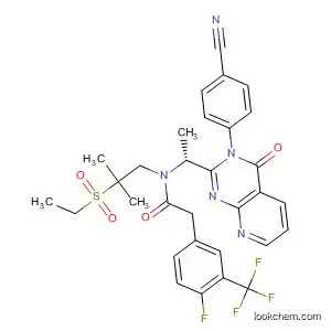 Molecular Structure of 873191-53-8 (Benzeneacetamide,
N-[(1R)-1-[3-(4-cyanophenyl)-3,4-dihydro-4-oxopyrido[2,3-d]pyrimidin-2
-yl]ethyl]-N-[2-(ethylsulfonyl)-2-methylpropyl]-4-fluoro-3-(trifluoromethyl)-)