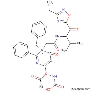 Molecular Structure of 873669-51-3 (Carbamic acid,
[1-[2-[[1-[(3-ethyl-1,2,4-oxadiazol-5-yl)carbonyl]-2-methylpropyl]amino]-2
-oxoethyl]-1,6-dihydro-6-oxo-2-phenyl-5-pyrimidinyl]-, phenylmethyl
ester)