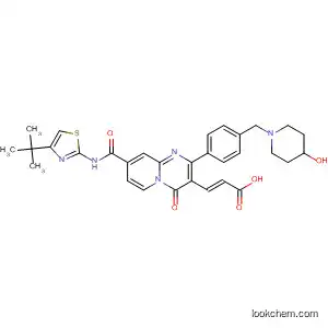 Molecular Structure of 918308-74-4 (2-Propenoic acid,
3-[8-[[[4-(1,1-dimethylethyl)-2-thiazolyl]amino]carbonyl]-2-[4-[(4-hydroxy-
1-piperidinyl)methyl]phenyl]-4-oxo-4H-pyrido[1,2-a]pyrimidin-3-yl]-,
(2E)-)