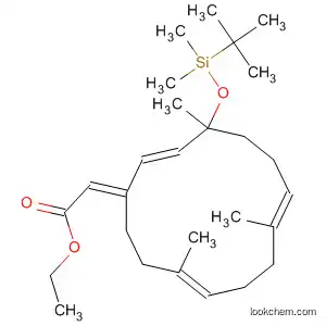 Molecular Structure of 918530-80-0 (Acetic acid,
2-[(2E,7E,11E)-4-[[(1,1-dimethylethyl)dimethylsilyl]oxy]-4,8,12-trimethyl-
2,7,11-cyclotetradecatrien-1-ylidene]-, ethyl ester, (2E)-)