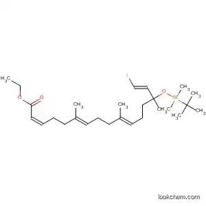 Molecular Structure of 918530-81-1 (2,6,10,15-Hexadecatetraenoic acid,
14-[[(1,1-dimethylethyl)dimethylsilyl]oxy]-16-iodo-6,10,14-trimethyl-,
ethyl ester, (2Z,6E,10E,15E)-)