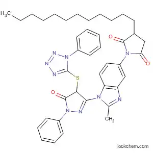 Molecular Structure of 61482-12-0 (2,5-Pyrrolidinedione,
1-[1-[4,5-dihydro-5-oxo-1-phenyl-4-[(1-phenyl-1H-tetrazol-5-yl)thio]-1H-
pyrazol-3-yl]-2-methyl-1H-benzimidazol-5-yl]-3-dodecyl-)