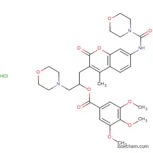 Molecular Structure of 62380-22-7 (Benzoic acid, 3,4,5-trimethoxy-,
1-[[4-methyl-7-[(4-morpholinylcarbonyl)amino]-2-oxo-2H-1-benzopyran-
3-yl]methyl]-2-(4-morpholinyl)ethyl ester, monohydrochloride)
