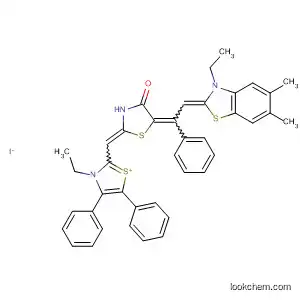 Molecular Structure of 62498-62-8 (Thiazolium,
3-ethyl-2-[[5-[2-(3-ethyl-5,6-dimethyl-2(3H)-benzothiazolylidene)-1-phen
ylethylidene]-4-oxo-2-thiazolidinylidene]methyl]-4,5-diphenyl-, iodide)