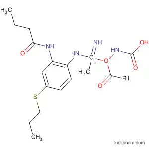 Molecular Structure of 92088-35-2 (Carbamic acid,
[imino[[2-[(1-oxobutyl)amino]-4-(propylthio)phenyl]amino]methyl]-,
methyl ester)