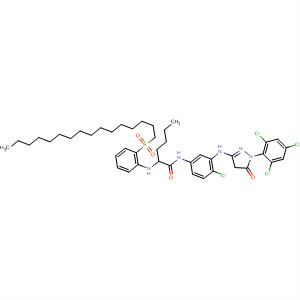 Molecular Structure of 101829-12-3 (Hexanamide,
N-[4-chloro-3-[[4,5-dihydro-5-oxo-1-(2,4,6-trichlorophenyl)-1H-pyrazol-3
-yl]amino]phenyl]-2-[(hexadecylsulfonyl)phenylamino]-)