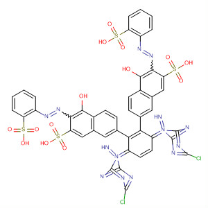 Molecular Structure of 103488-31-9 (2-Naphthalenesulfonic acid,
7,7'-[1,4-phenylenebis[imino(6-chloro-1,3,5-triazine-4,2-diyl)imino]]bis[4
-hydroxy-3-[(2-sulfophenyl)azo]-)