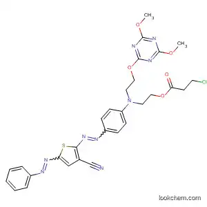 Molecular Structure of 96704-21-1 (Propanoic acid, 3-chloro-,
2-[[4-[[3-cyano-5-(phenylazo)-2-thienyl]azo]phenyl][2-[(4,6-dimethoxy-1,
3,5-triazin-2-yl)oxy]ethyl]amino]ethyl ester)
