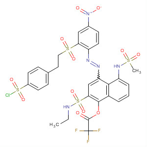 Molecular Structure of 110322-44-6 (Acetic acid, trifluoro-,
4-[[2-[[2-[4-(chlorosulfonyl)phenyl]ethyl]sulfonyl]-4-nitrophenyl]azo]-2-[(eth
ylamino)sulfonyl]-5-[(methylsulfonyl)amino]-1-naphthalenyl ester)