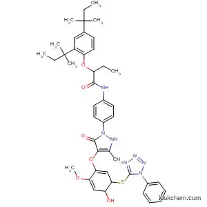 Molecular Structure of 112232-19-6 (Butanamide,
2-[2,4-bis(1,1-dimethylpropyl)phenoxy]-N-[4-[4,5-dihydro-4-[4-hydroxy-2
-methoxy-5-[(1-phenyl-1H-tetrazol-5-yl)thio]phenoxy]-3-methyl-5-oxo-1H
-pyrazol-1-yl]phenyl]-)