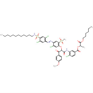 Molecular Structure of 113419-73-1 (Benzoic acid,
4-chloro-3-[[2-[5-chloro-4-[[2,5-dichloro-4-[(dodecylamino)sulfonyl]phen
yl]azo]-2-(methylsulfonyl)phenoxy]-3-(4-methoxyphenyl)-1,3-dioxopropyl]
amino]-, 2-(hexyloxy)-1-methyl-2-oxoethyl ester)
