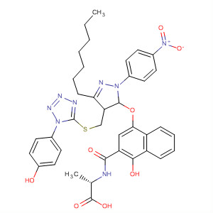 Molecular Structure of 113436-79-6 (b-Alanine,
N-[[4-[[3-heptyl-4,5-dihydro-4-[[[1-(4-hydroxyphenyl)-1H-tetrazol-5-yl]thio
]methyl]-1-(4-nitrophenyl)-1H-pyrazol-5-yl]oxy]-1-hydroxy-2-naphthalenyl]
carbonyl]-)