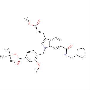 Molecular Structure of 114085-92-6 (Benzoic acid,
4-[[6-[[(cyclopentylmethyl)amino]carbonyl]-3-(3-methoxy-3-oxo-1-propen
yl)-1H-indol-1-yl]methyl]-3-methoxy-, 1,1-dimethylethyl ester)