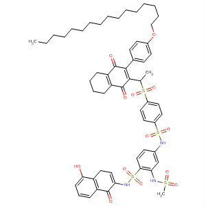 Molecular Structure of 114289-86-0 (Benzenesulfonamide,
4-[[[4-[[1-[3-[4-(hexadecyloxy)phenyl]-1,4,5,6,7,8-hexahydro-1,4-dioxo-2
-naphthalenyl]ethyl]sulfonyl]phenyl]sulfonyl]amino]-N-(5-hydroxy-1-naphth
alenyl)-2-[(methylsulfonyl)amino]-)
