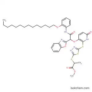Molecular Structure of 141740-37-6 (Propanoic acid,
2-[[5-[[3-[1-(2-benzoxazolyl)-2-oxo-2-[[2-(tetradecyloxy)phenyl]amino]eth
oxy]-1,6-dihydro-6-oxo-2-pyridinyl]thio]-1,3,4-thiadiazol-2-yl]thio]-,
methyl ester)
