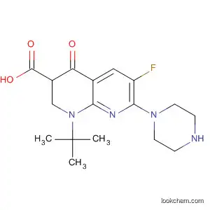 Molecular Structure of 143879-91-8 (1,8-Naphthyridine-3-carboxylic acid,
1-(1,1-dimethylethyl)-6-fluoro-1,2,3,4-tetrahydro-4-oxo-7-(1-piperazinyl)-)