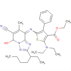 Molecular Structure of 184173-96-4 (3-Thiophenecarboxylic acid,
5-[[6-cyano-2-(1-ethylpentyl)-7-methyl-5-oxo[1,2,4]triazolo[1,5-a]pyridin-
8(5H)-ylidene]amino]-2-(diethylamino)-4-phenyl-, ethyl ester)
