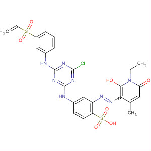 Molecular Structure of 184889-99-4 (Benzenesulfonic acid,
4-[[4-chloro-6-[[3-(ethenylsulfonyl)phenyl]amino]-1,3,5-triazin-2-yl]amino]
-2-[(1-ethyl-1,6-dihydro-2-hydroxy-4-methyl-6-oxo-3-pyridinyl)azo]-)