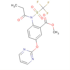 Molecular Structure of 185154-41-0 (Benzoic acid,
2-[(1-oxopropyl)[(trifluoromethyl)sulfonyl]amino]-5-(2-pyrimidinyloxy)-,
methyl ester)