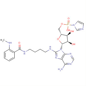 Molecular Structure of 185155-37-7 (Adenosine, 8-[[4-[[2-(methylamino)benzoyl]amino]butyl]amino]-,
5'-(hydrogen 1H-imidazol-1-ylphosphonate))
