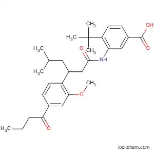 Molecular Structure of 189095-88-3 (Benzoic acid,
4-(1,1-dimethylethyl)-3-[[3-[2-methoxy-4-(1-oxobutyl)phenyl]-5-methyl-1-
oxohexyl]amino]-)
