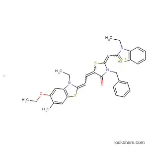 Molecular Structure of 38408-74-1 (Benzothiazolium,
2-[[5-[(5-ethoxy-3-ethyl-6-methyl-2(3H)-benzothiazolylidene)ethylidene]-
4-oxo-3-(phenylmethyl)-2-thiazolidinylidene]methyl]-3-ethyl-, iodide)