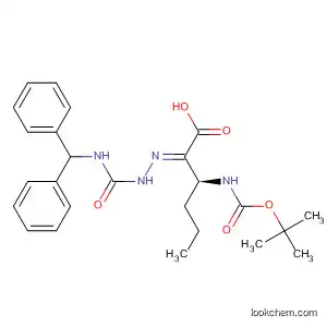 Molecular Structure of 393525-45-6 (Hexanoic acid,
3-[[(1,1-dimethylethoxy)carbonyl]amino]-2-[[[(diphenylmethyl)amino]carb
onyl]hydrazono]-, (2E,3S)-)
