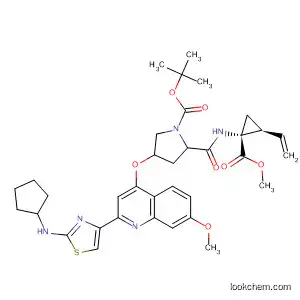 Molecular Structure of 572924-83-5 (1-Pyrrolidinecarboxylic acid,
4-[[2-[2-(cyclopentylamino)-4-thiazolyl]-7-methoxy-4-quinolinyl]oxy]-2-[[[(
1R,2S)-2-ethenyl-1-(methoxycarbonyl)cyclopropyl]amino]carbonyl]-,
1,1-dimethylethyl ester, (2S,4R)-)