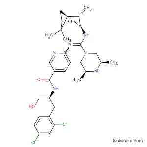 Molecular Structure of 590362-92-8 (3-Pyridinecarboxamide,
N-[(1S)-2-(2,4-dichlorophenyl)-1-(hydroxymethyl)ethyl]-6-[[[(3S,5R)-3,5-
dimethyl-1-piperazinyl][[(1S,2S,3S,5R)-2,6,6-trimethylbicyclo[3.1.1]hept
-3-yl]amino]methylene]amino]-)