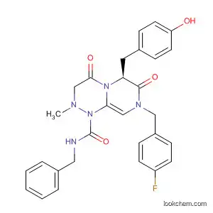 Molecular Structure of 512853-61-1 (2H-Pyrazino[2,1-c][1,2,4]triazine-1(6H)-carboxamide,
8-[(4-fluorophenyl)methyl]hexahydro-6-[(4-hydroxyphenyl)methyl]-2-meth
yl-4,7-dioxo-N-(phenylmethyl)-, (6S)-)