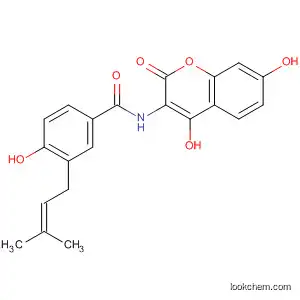 Molecular Structure of 69343-34-6 (Benzamide,
N-(4,7-dihydroxy-2-oxo-2H-1-benzopyran-3-yl)-4-hydroxy-3-(3-methyl-2-
butenyl)-)